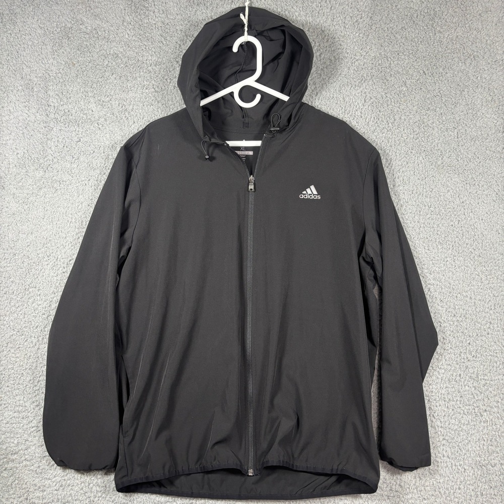 Adidas Jacket Mens XL Black Golf Hooded Windbreaker Full Zip Stretch RN88387